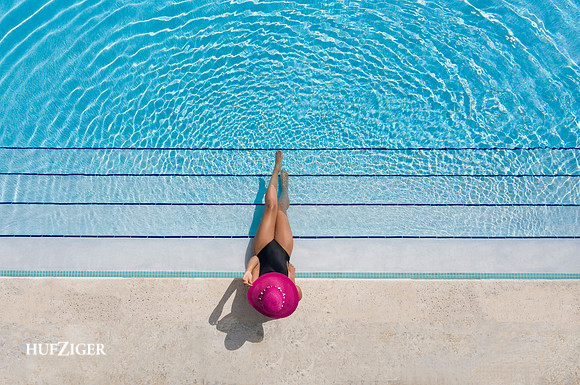 Pool Aerial - Young Woman with Coral Wide Brim Hat
